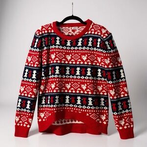 Ardene‎ Women's Red Navy White Reindeer Fair Isle Knit Sweater Size M
